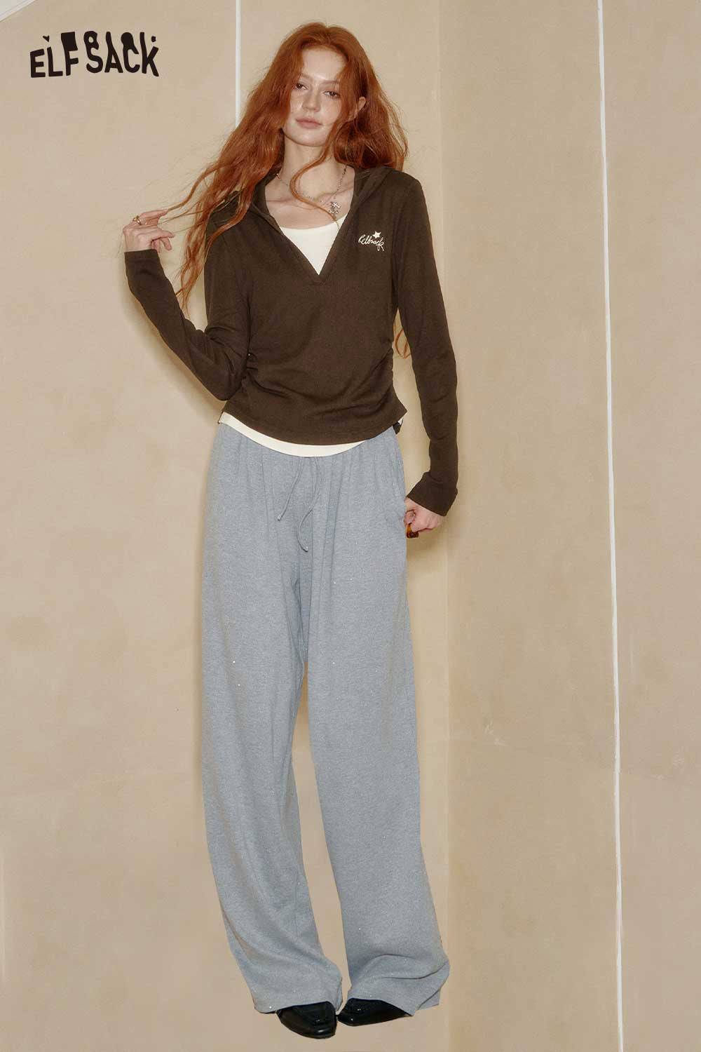 ELFSACK women's cotton blend knit top in brown, paired with gray lounge pants for a cozy casual look