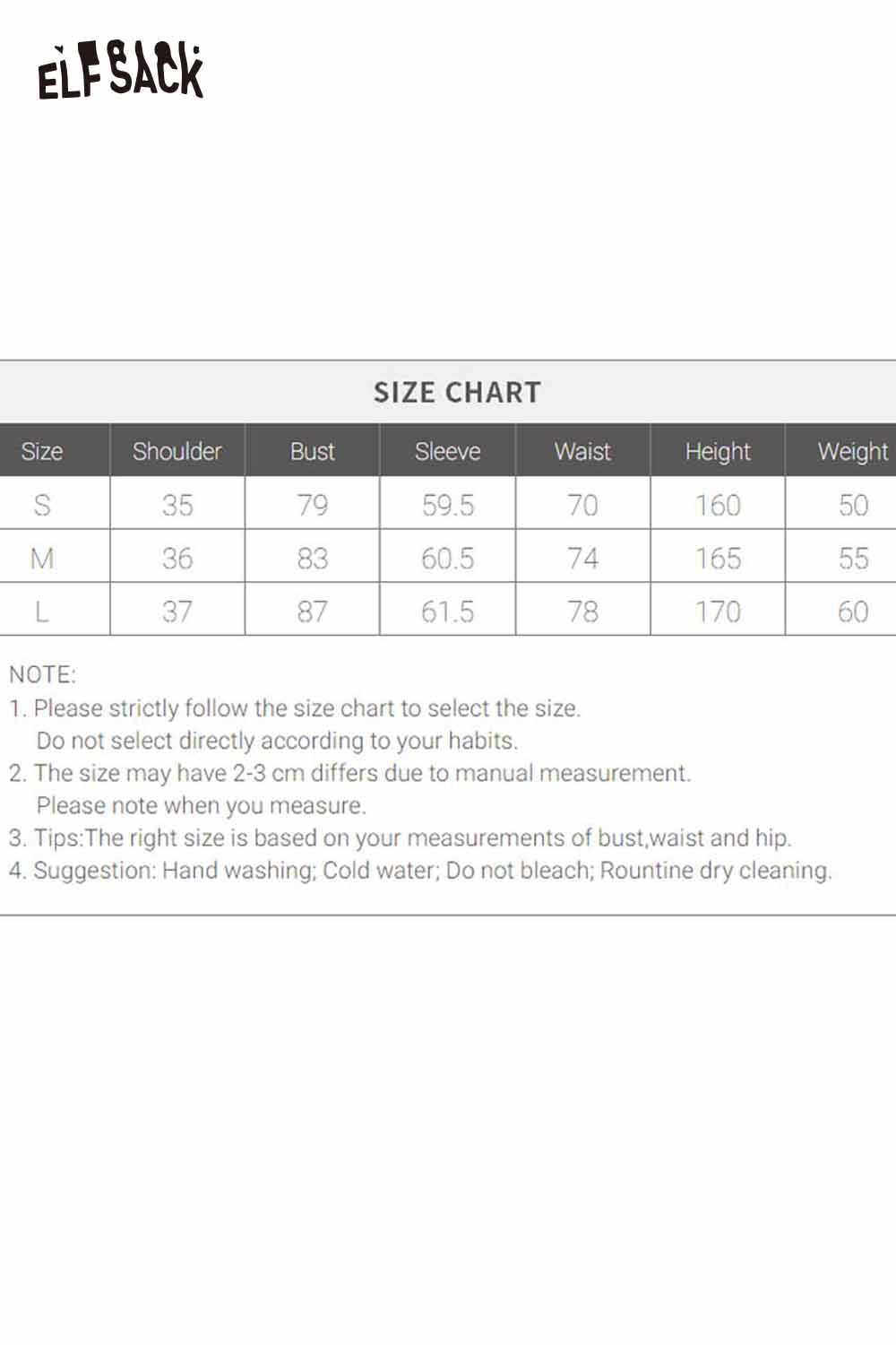 ELFSACK women's cotton blend knit top size chart for perfect fitting choices