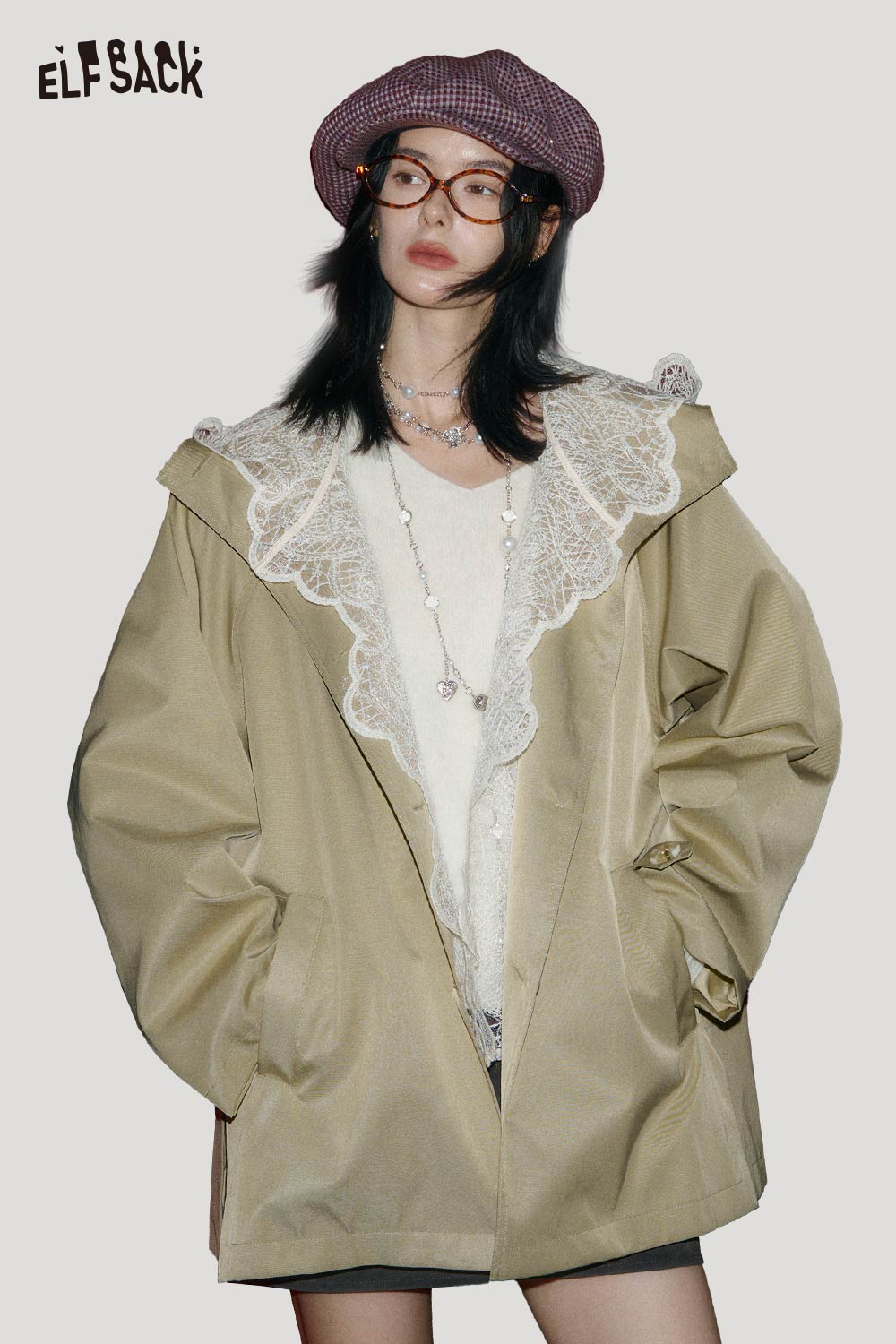 ELFSACK women's cotton blend trench coat in light beige with lace collar detail