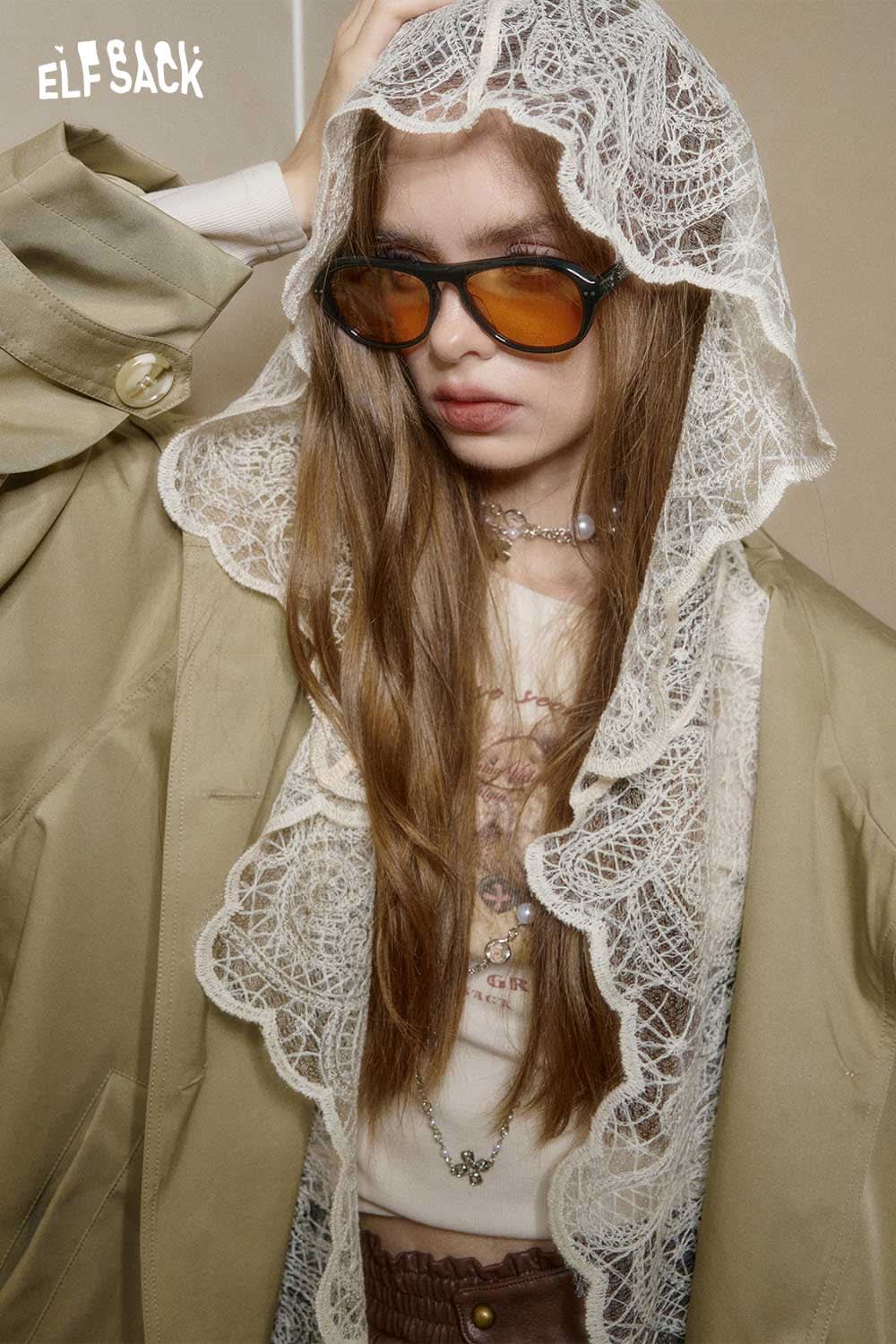 ELFSACK women's cotton blend trench coat with lace hood, styled with sunglasses for a fashionable look