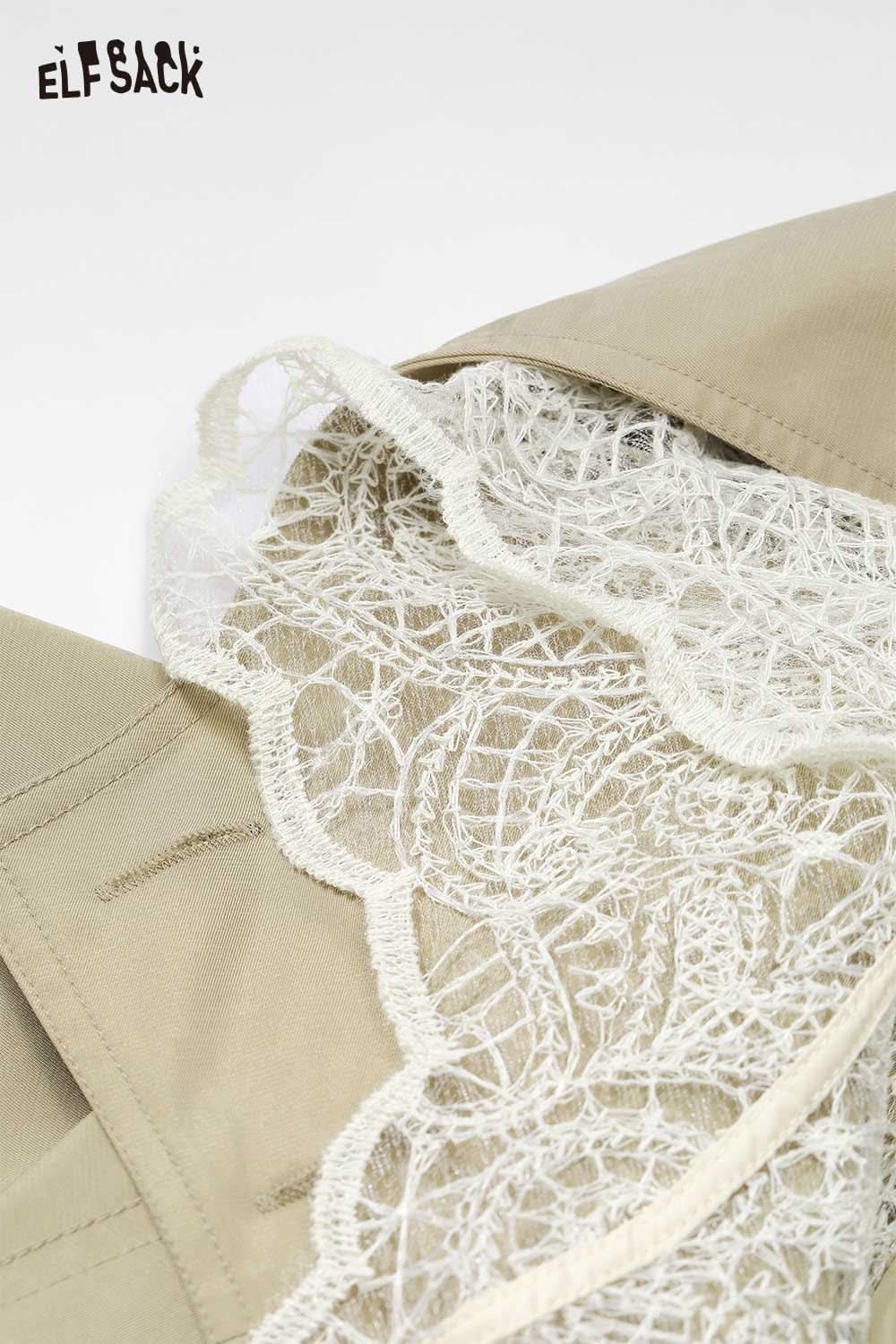 Close-up of ELFSACK women's cotton blend trench coat showing detailed lace trim on the collar