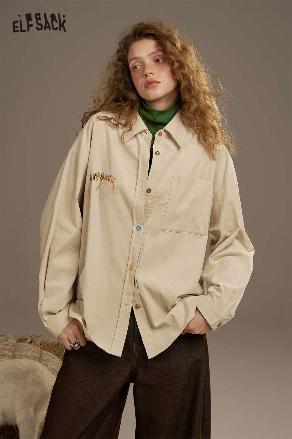 ELFSACK women's cozy turtleneck sweater layered under a button-up shirt, featuring a relaxed fit and casual style