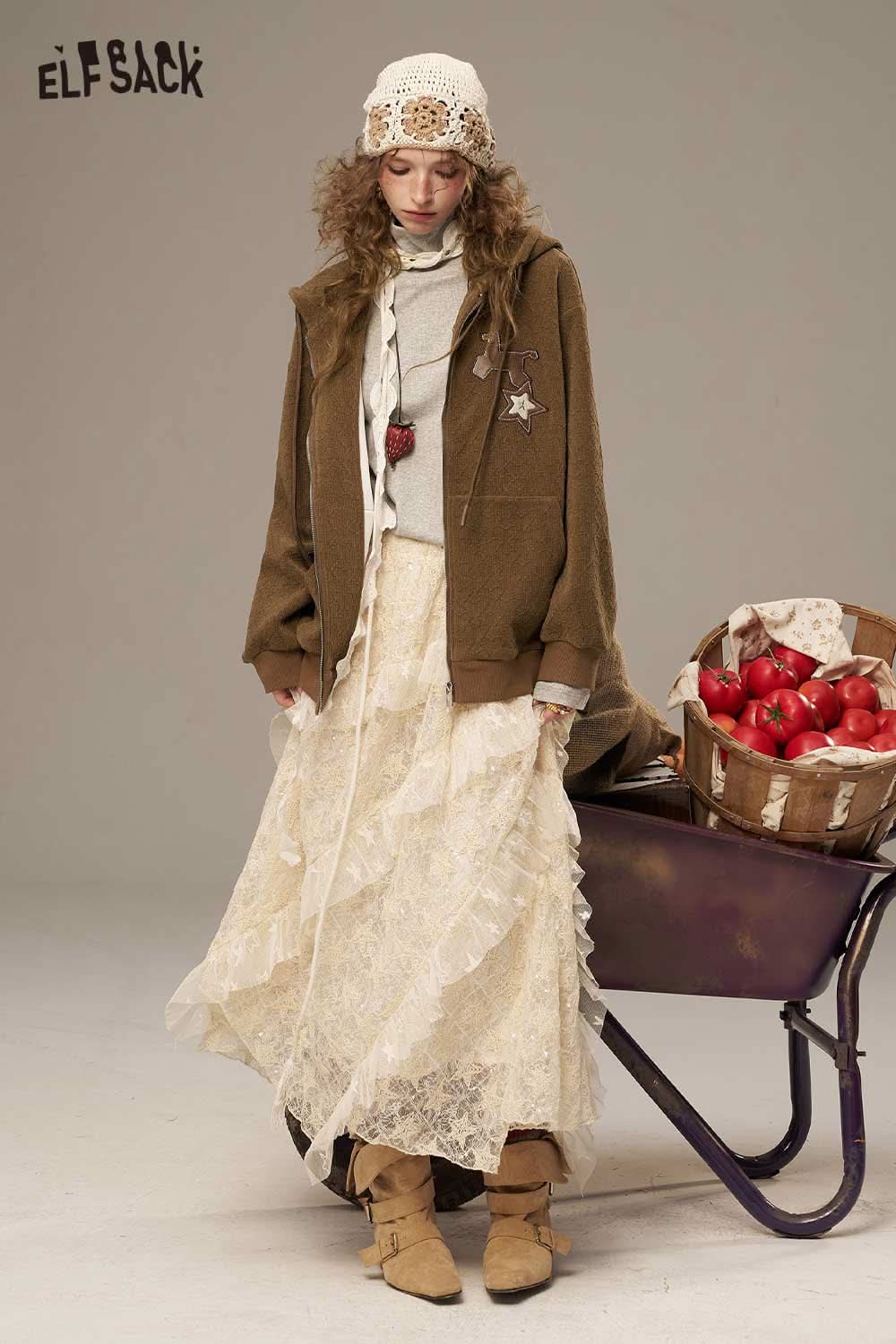 ELFSACK women's cozy turtleneck sweater styled with a layered skirt and accessories for a trendy look