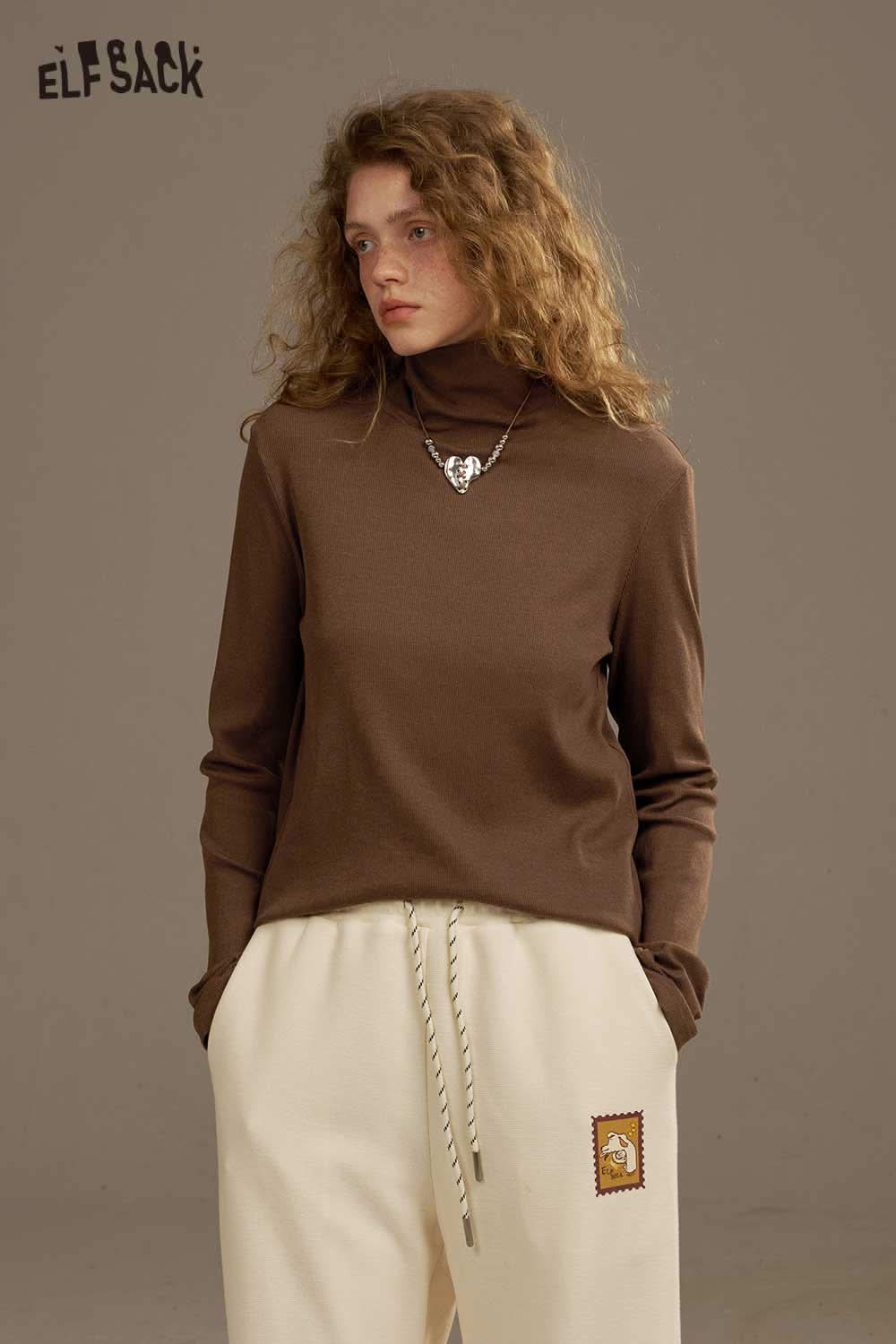 ELFSACK women's cozy turtleneck sweater in brown, perfect for casual outings and layering