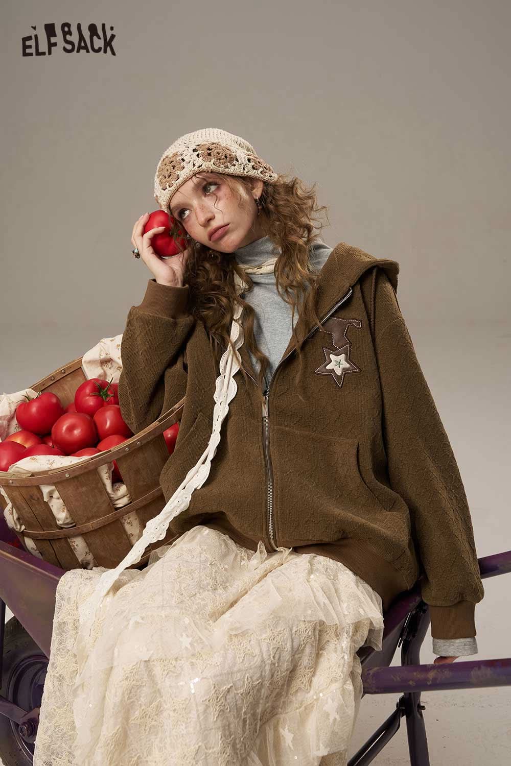 ELFSACK women's cozy turtleneck sweater layered under a brown hooded jacket with a stylish design