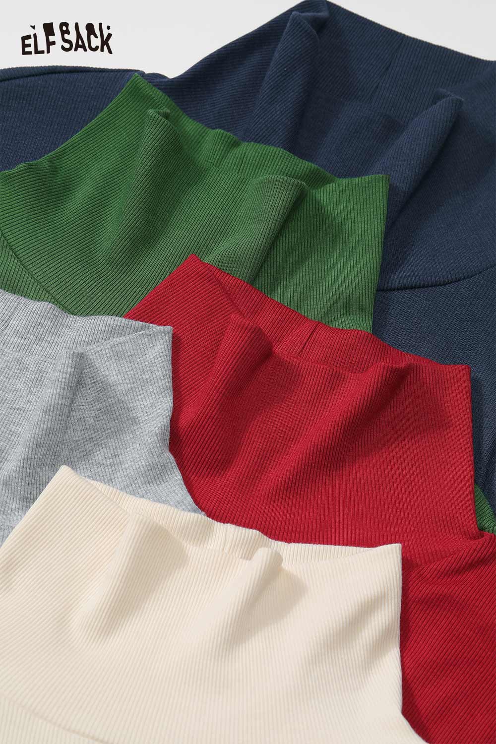 Various colors of ELFSACK women's cozy turtleneck sweater in ribbed knit fabric.