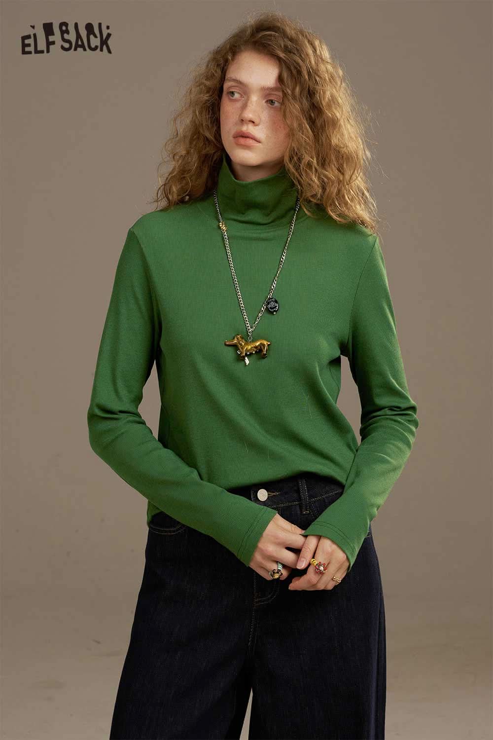 ELFSACK women's cozy turtleneck sweater in green with long sleeves for a stylish look