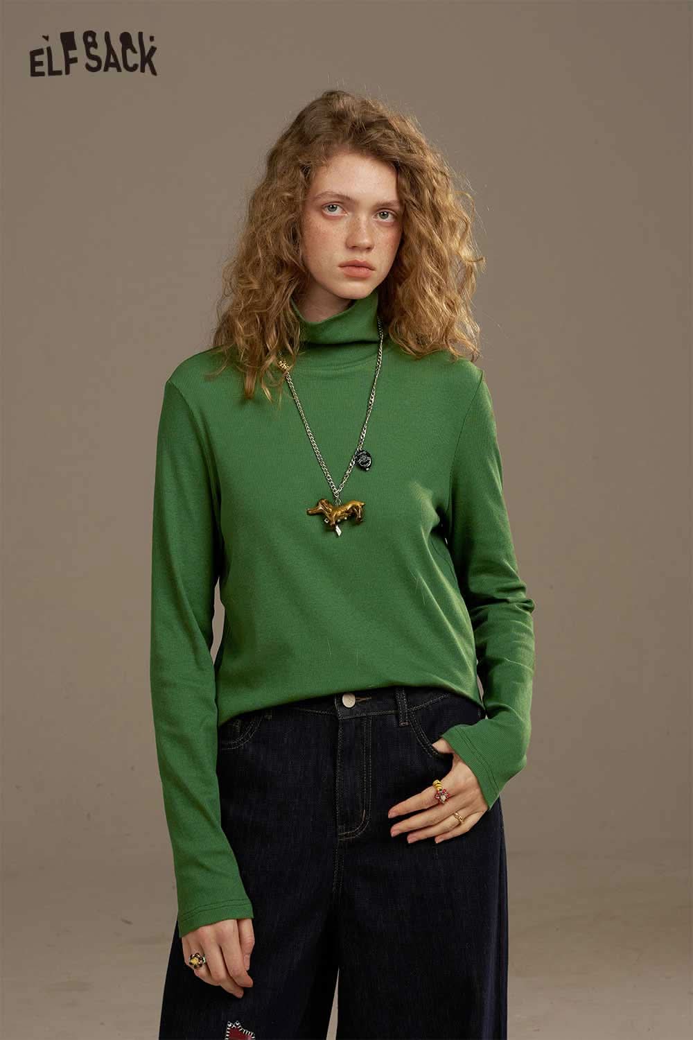 ELFSACK women's cozy turtleneck sweater in green perfect for casual winter outfits