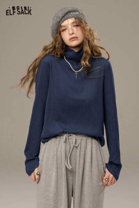 ELFSACK women's cozy turtleneck sweater in navy, perfect for casual and comfy outfits