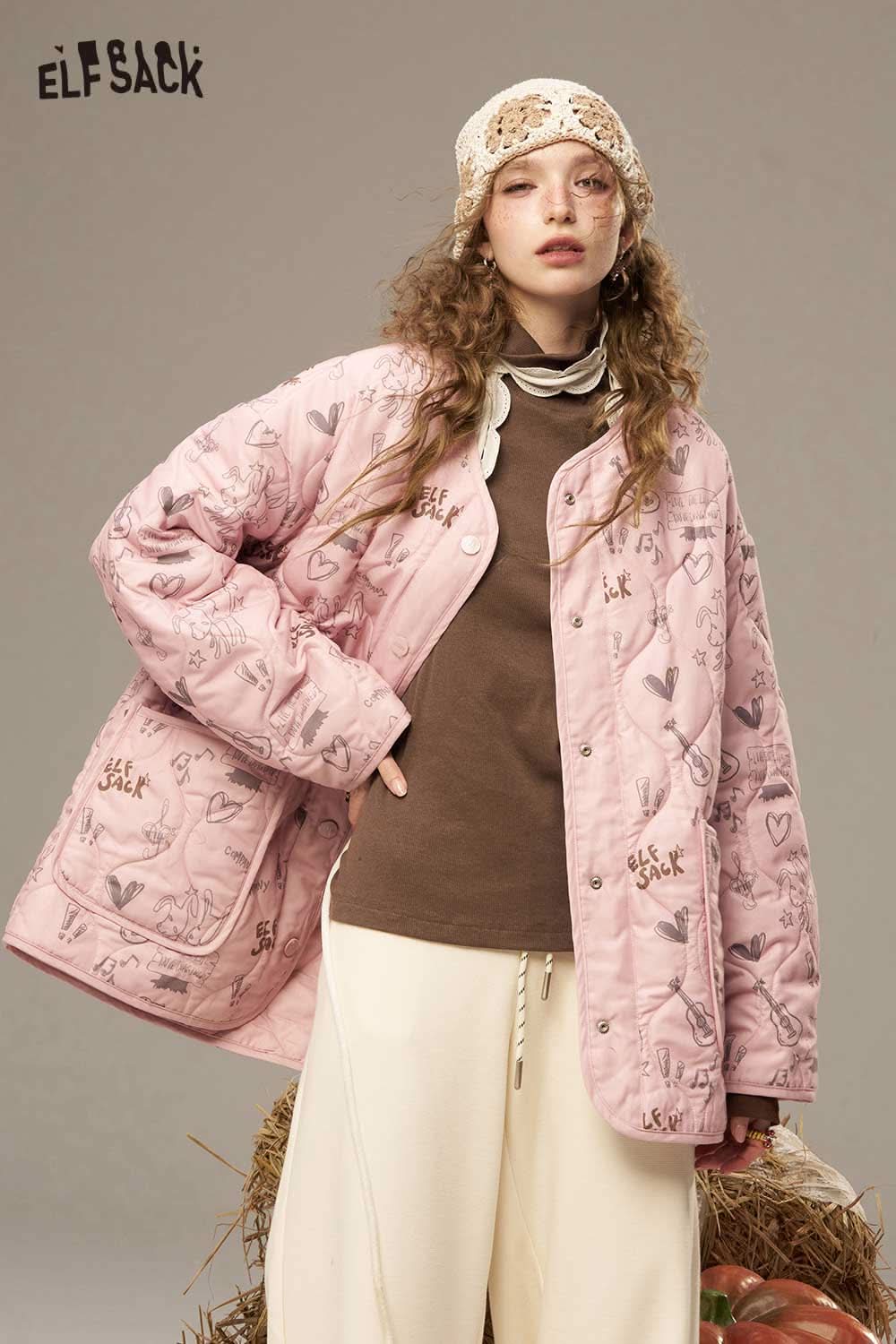 ELFSACK women's cozy turtleneck sweater paired with a stylish pink quilted jacket