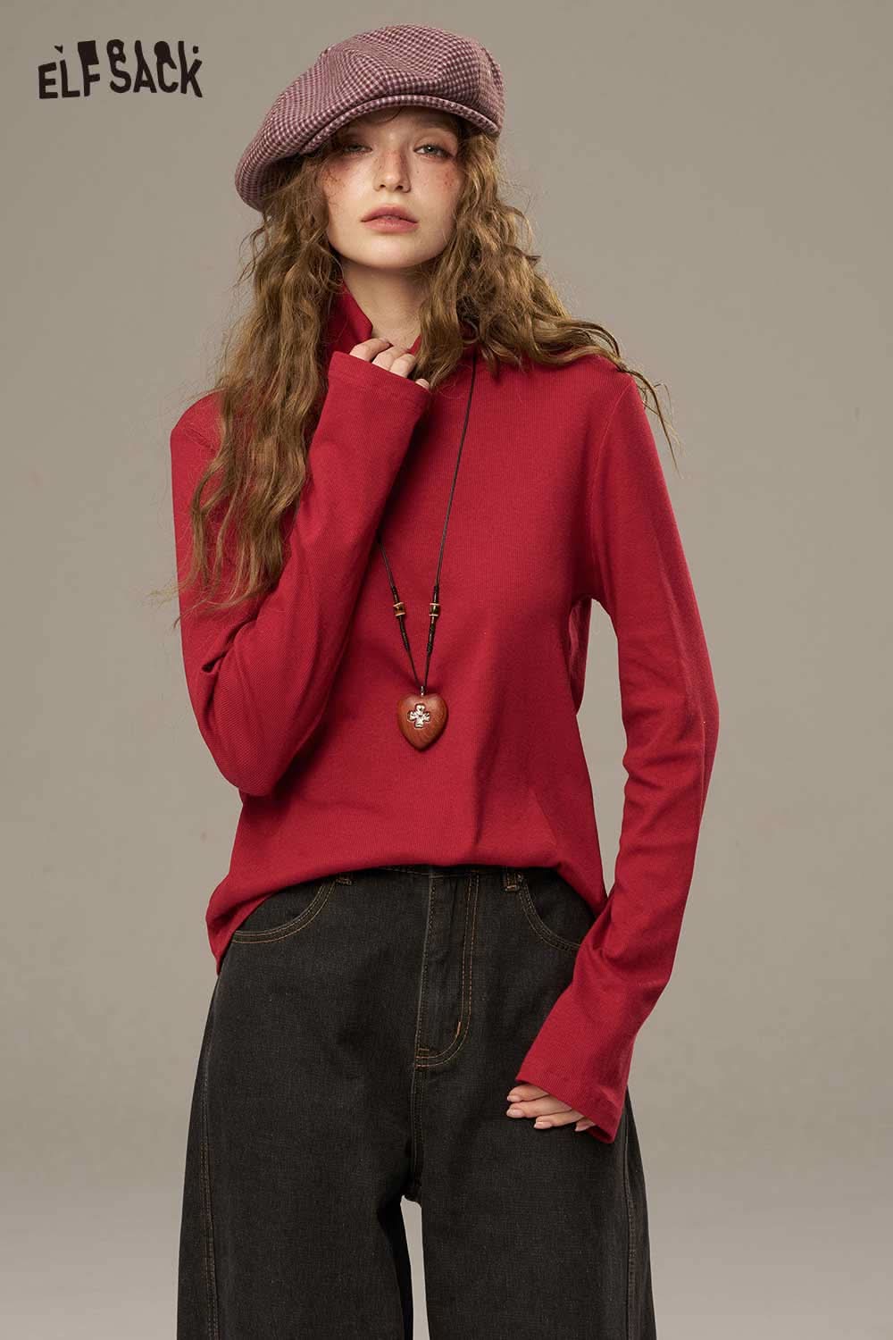 ELFSACK women's cozy turtleneck sweater in red with long sleeves for a stylish and comfortable look