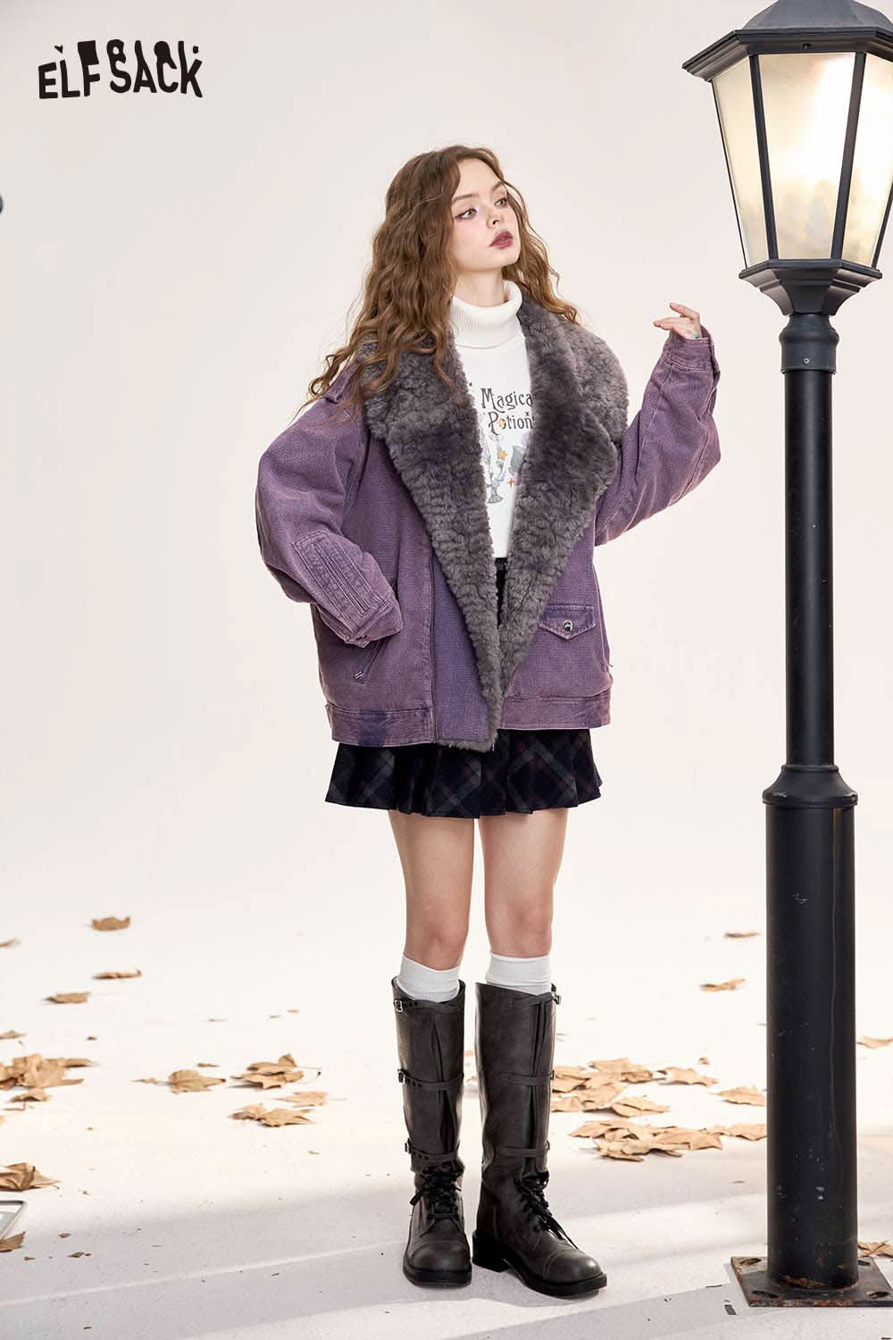 ELFSACK women's denim fur collar puffer jacket in purple, styled with a casual outfit and tall boots