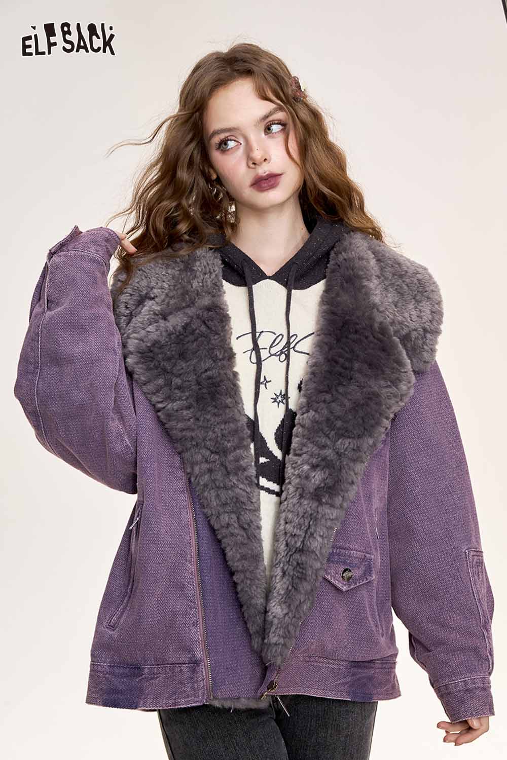 ELFSACK women's denim fur collar puffer jacket with stylish oversized fit and cozy interior