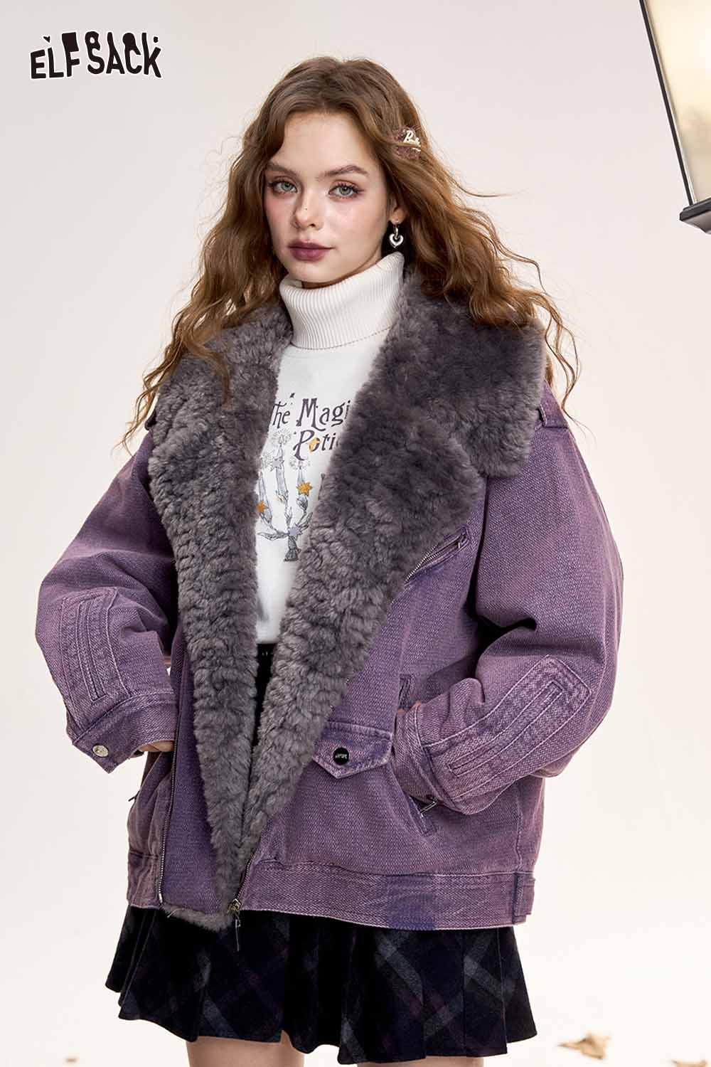 ELFSACK women's denim fur collar puffer jacket in purple with cozy fur detailing and stylish design