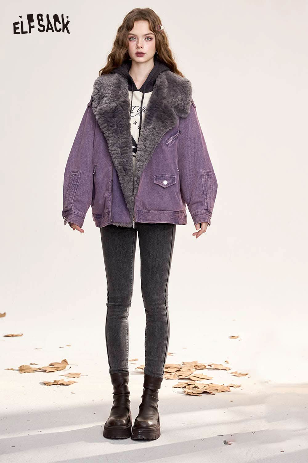 ELFSACK women's denim fur collar puffer jacket in purple with oversized fit and stylish design