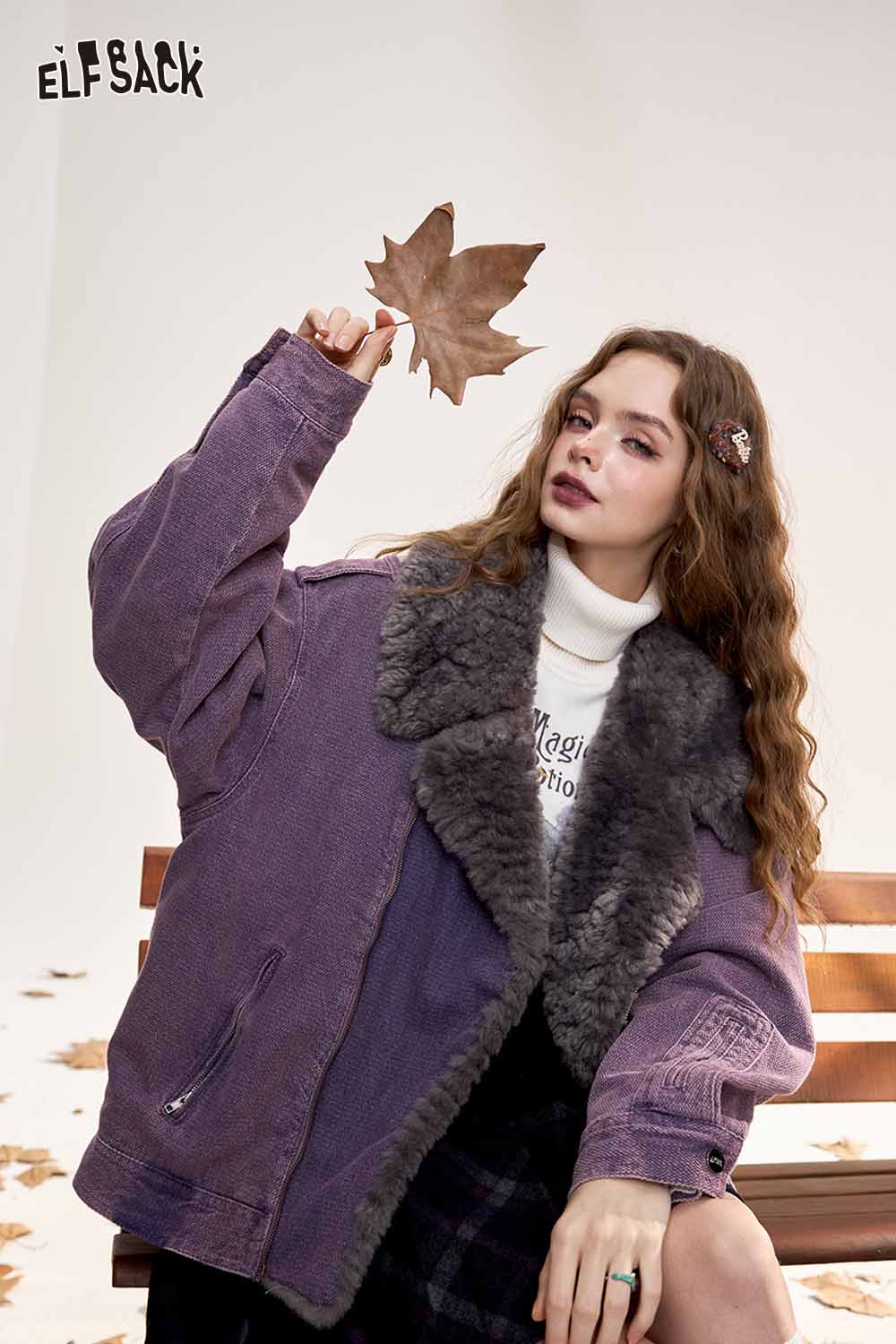 ELFSACK women's denim fur collar puffer jacket in purple with cozy fur detailing for stylish warmth