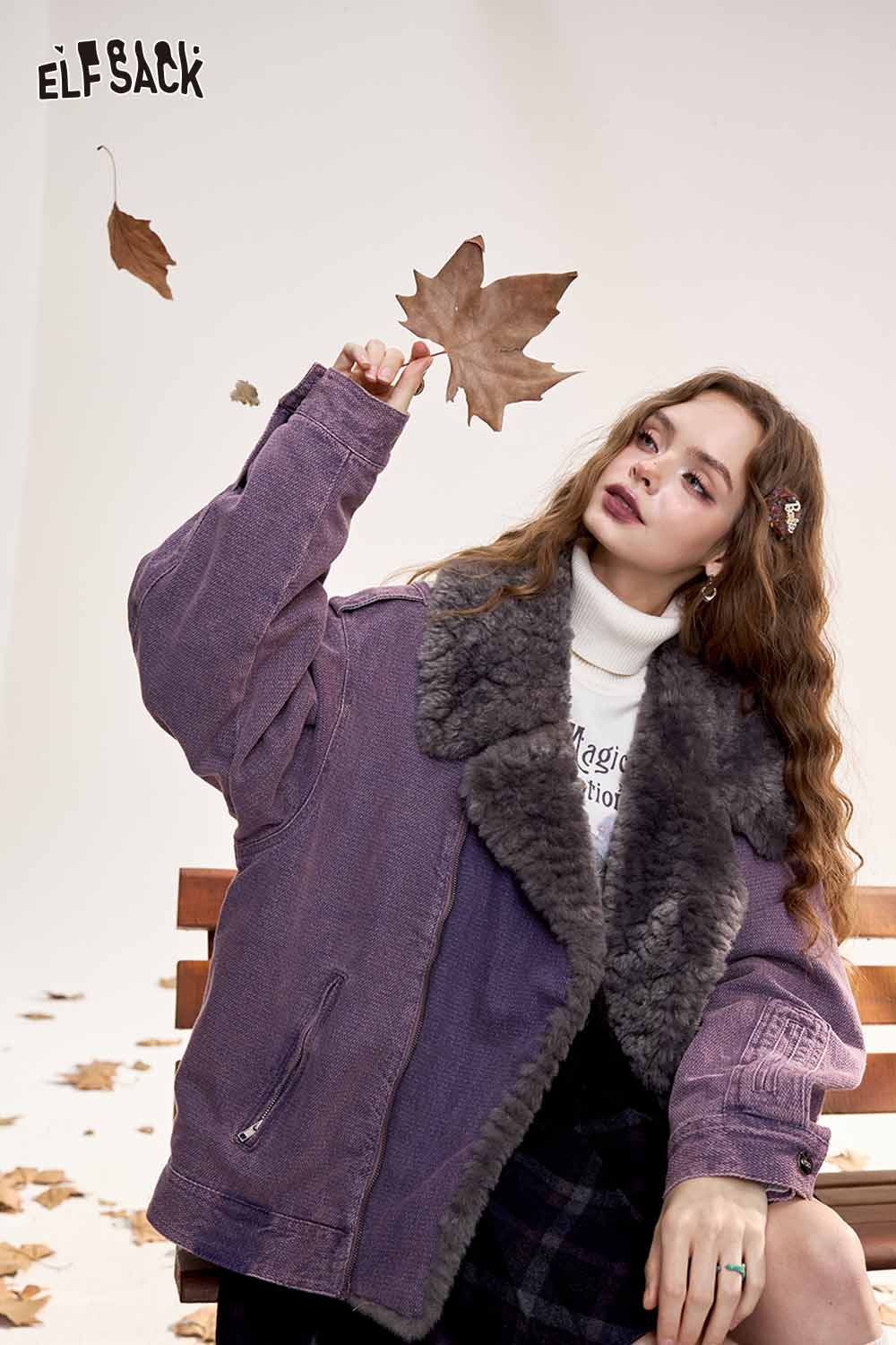 ELFSACK women's denim fur collar puffer jacket in purple, stylish design with cozy collar for cold weather