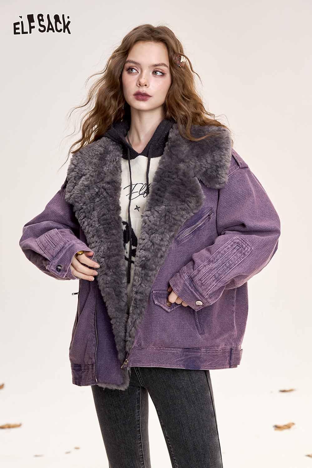 ELFSACK women's denim fur collar puffer jacket in lavender with cozy fur lining and stylish design