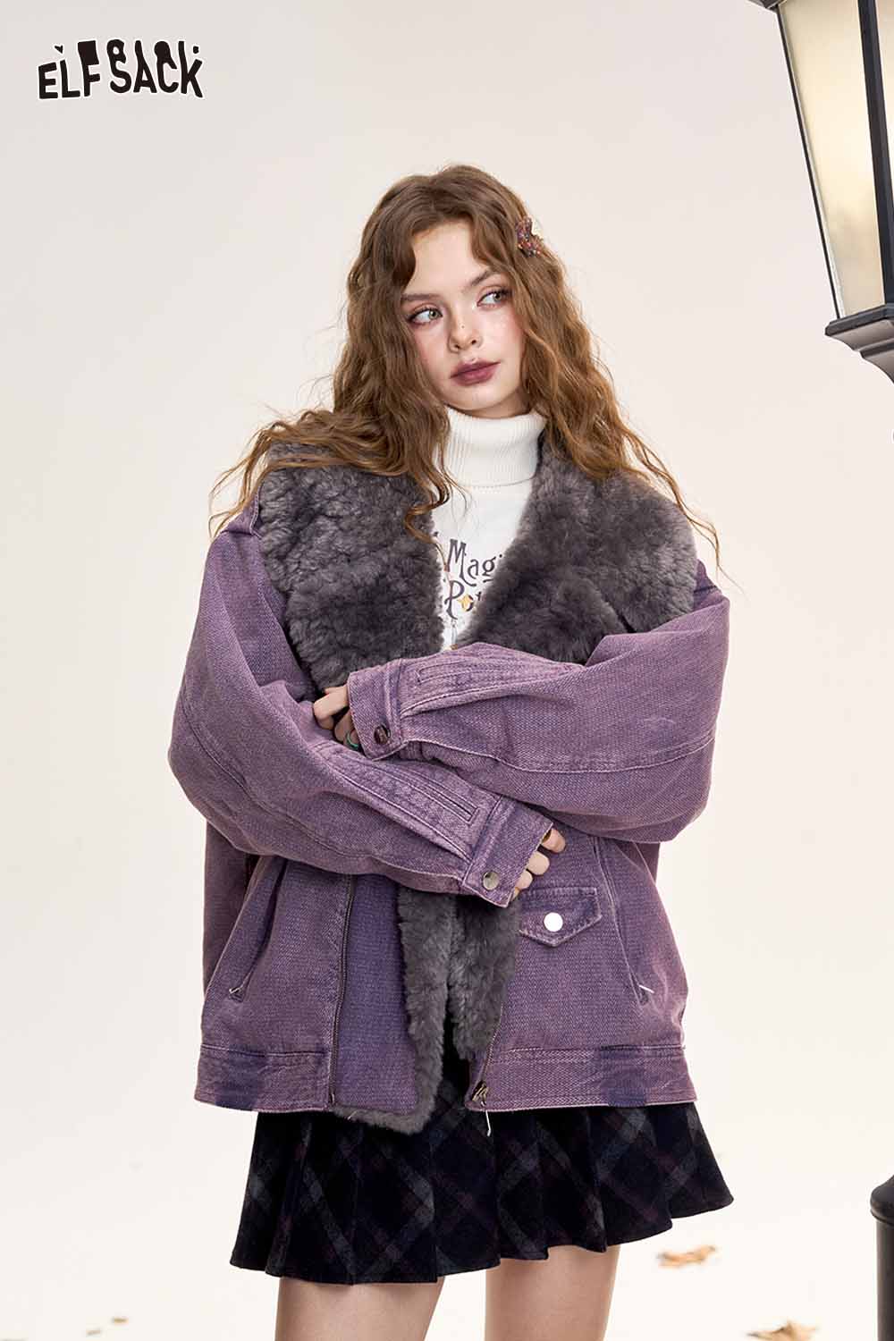 ELFSACK women's denim fur collar puffer jacket in purple for stylish winter wear