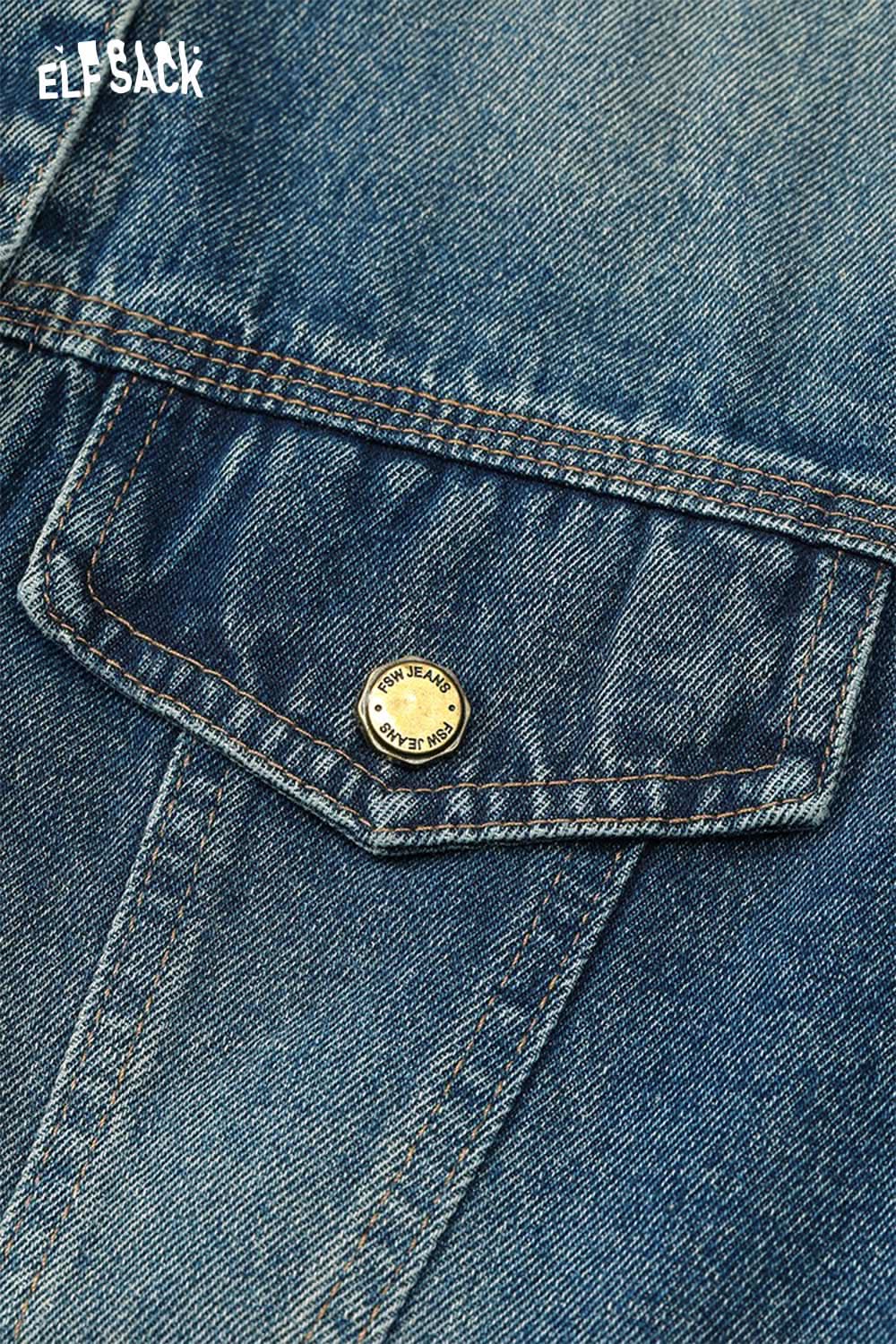 Close-up of ELFSACK women's denim short jacket featuring a stylish pocket and gold button detail