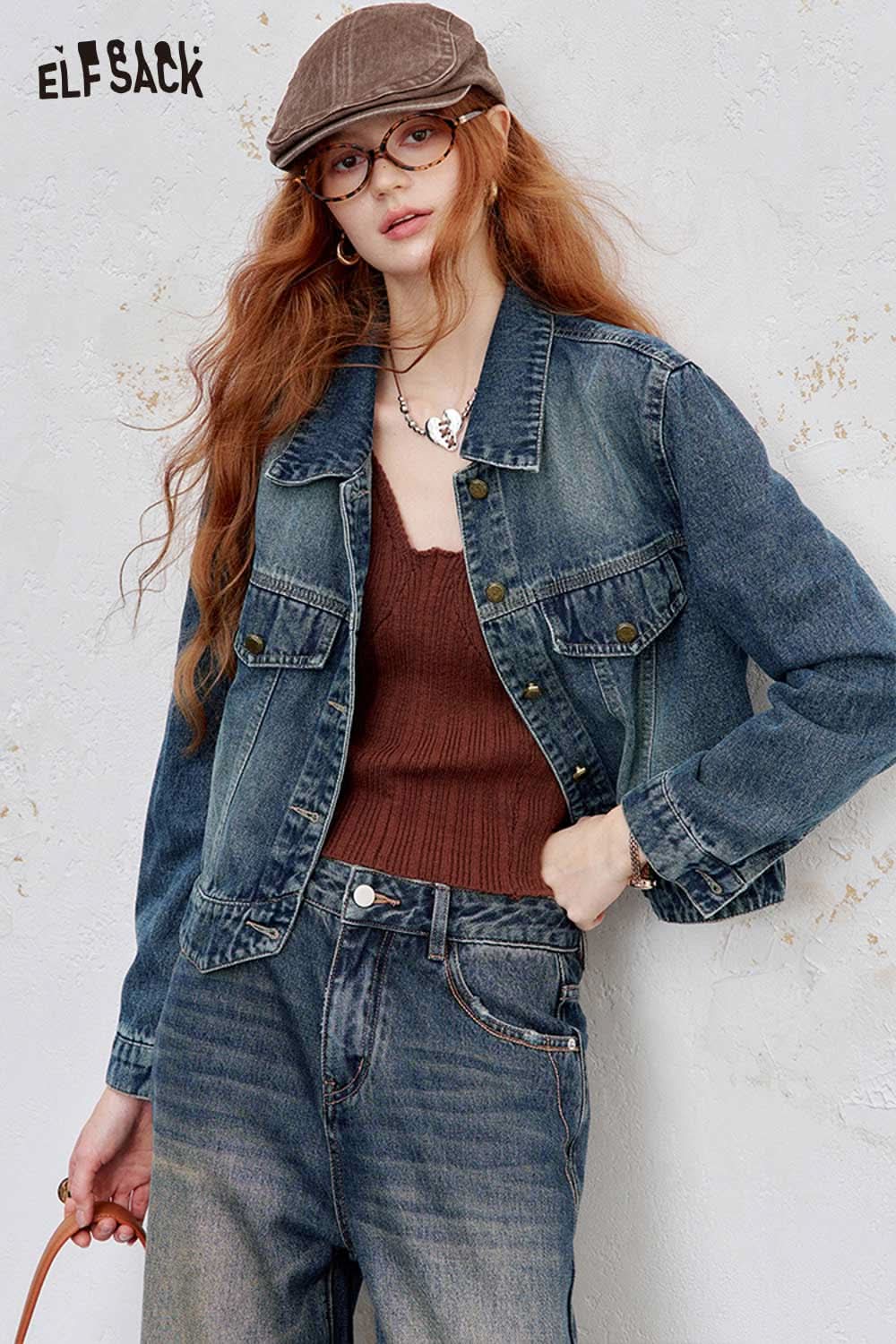 ELFSACK women's denim short jacket in blue with a relaxed fit and front pockets for casual style