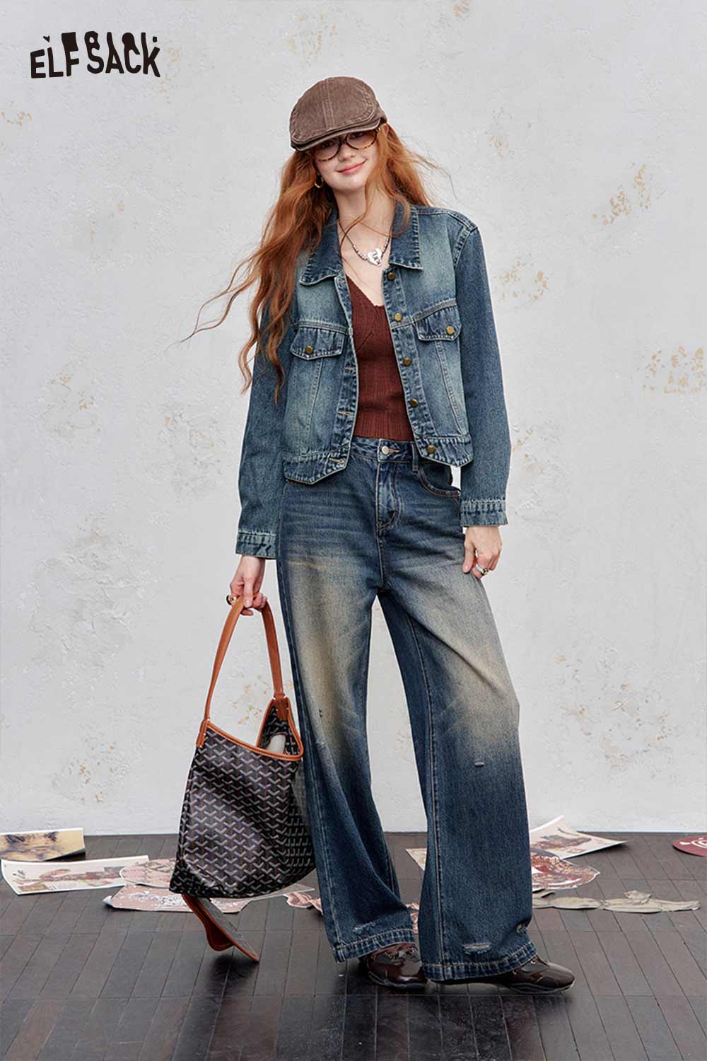 ELFSACK women's denim short jacket styled with a brown top and wide-leg jeans for a fashionable look