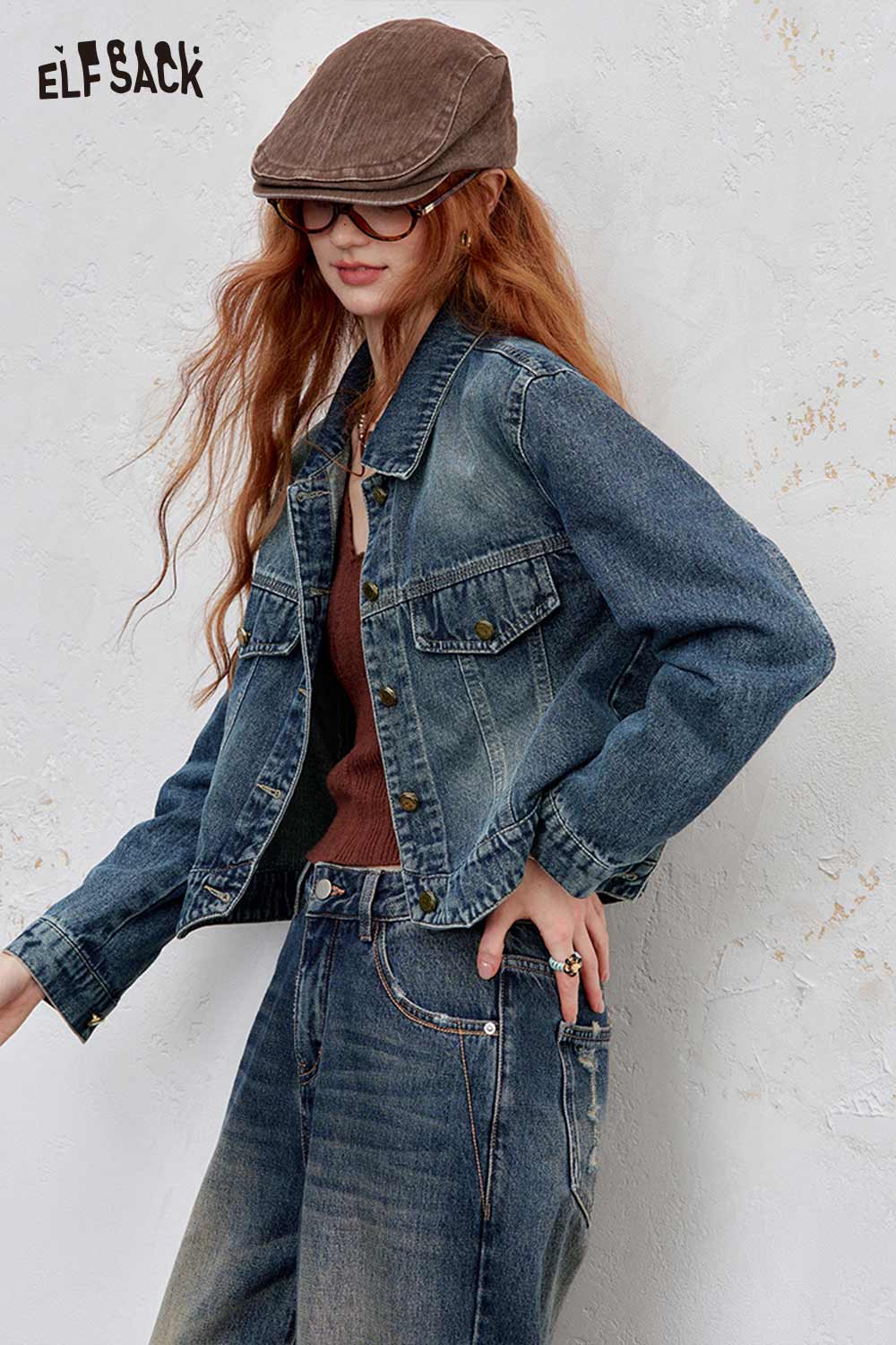ELFSACK women's denim short jacket in blue, styled casually with a brown top and hat
