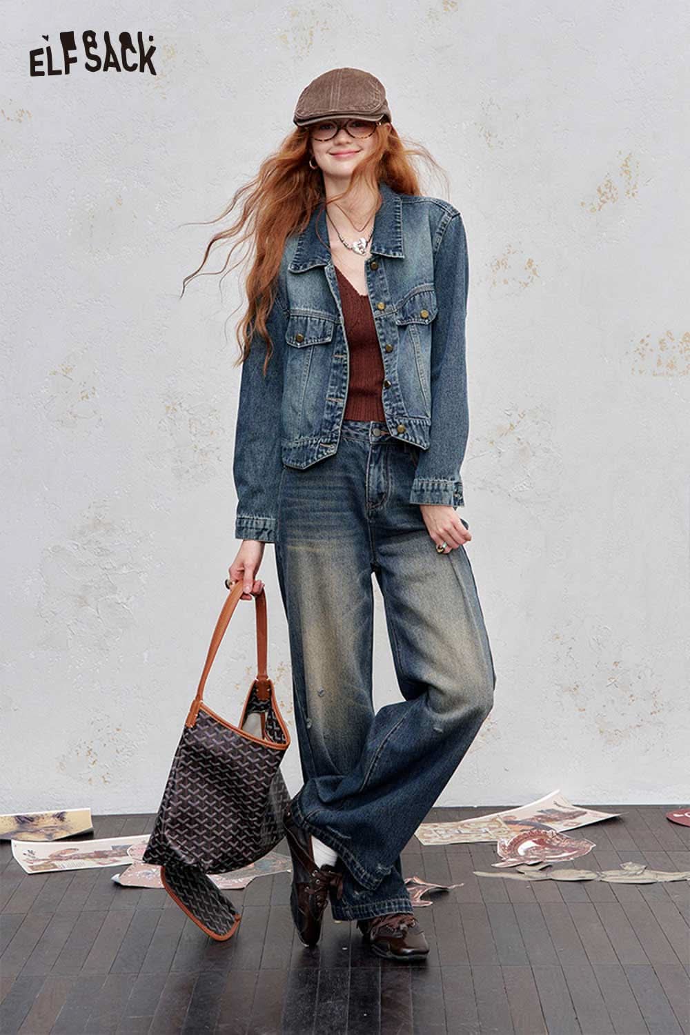 ELFSACK women's denim short jacket in blue with pockets, styled for a casual outfit