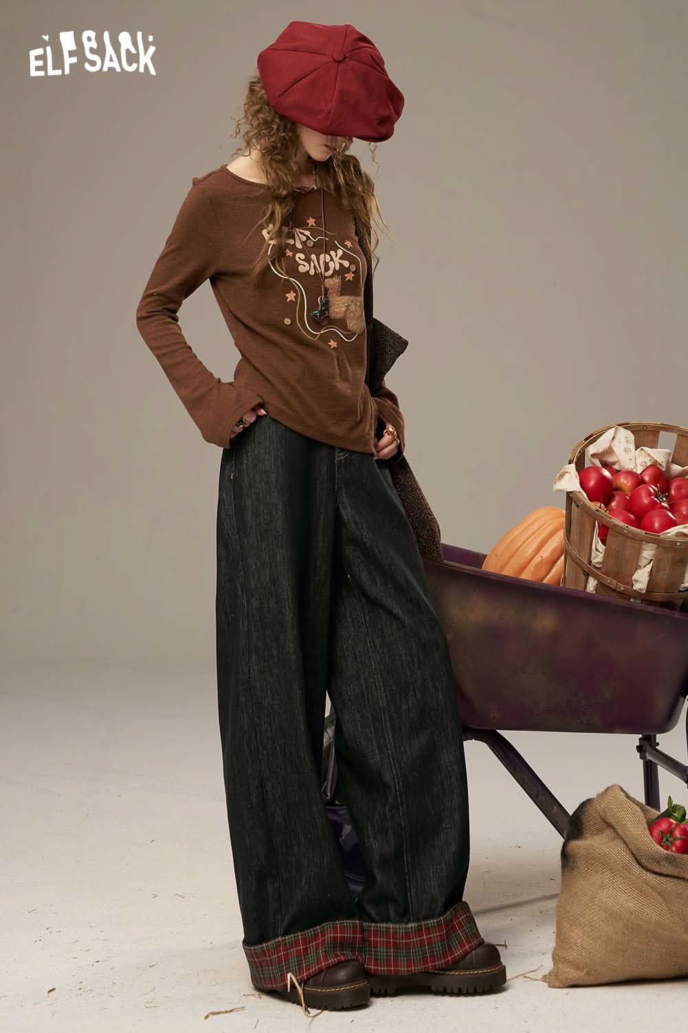 ELFSACK women's denim splicing pants in black with a stylish wide-leg design for a trendy look