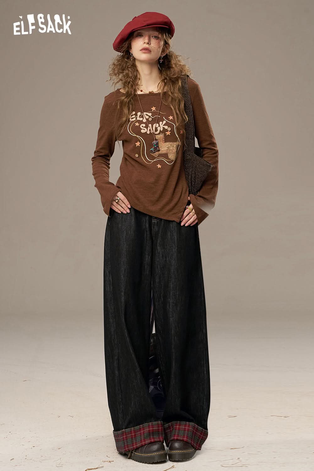 ELFSACK women's denim splicing pants with wide legs and stylish plaid detailing for a trendy look