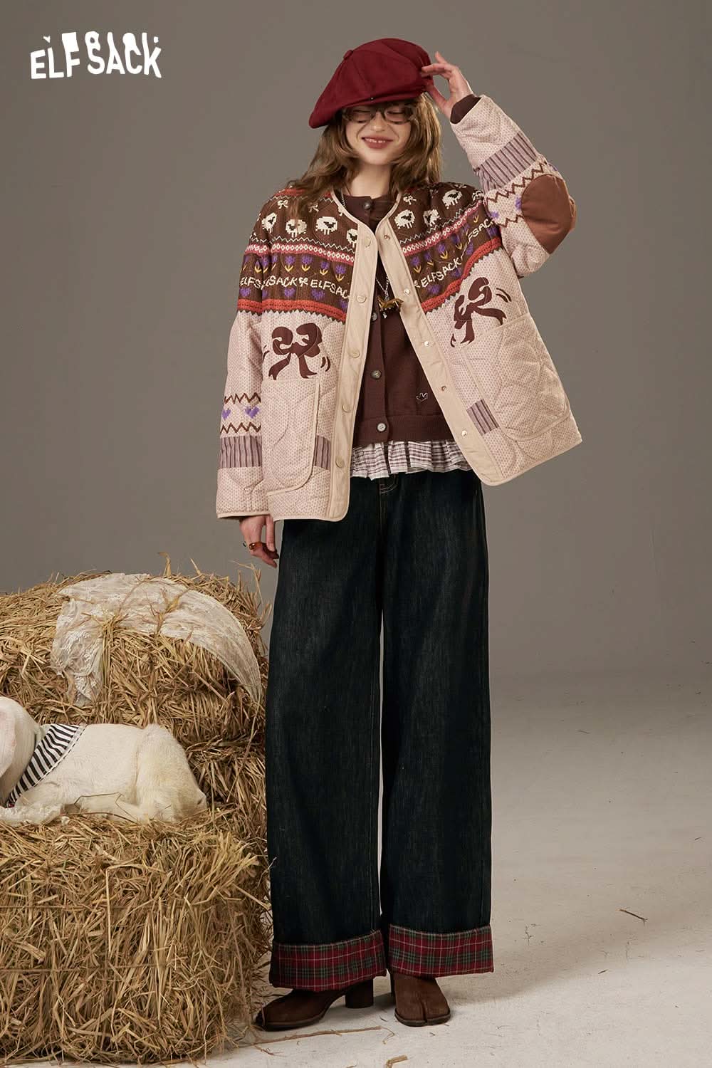 ELFSACK women's denim splicing pants styled with a colorful quilted jacket and hat for a trendy look