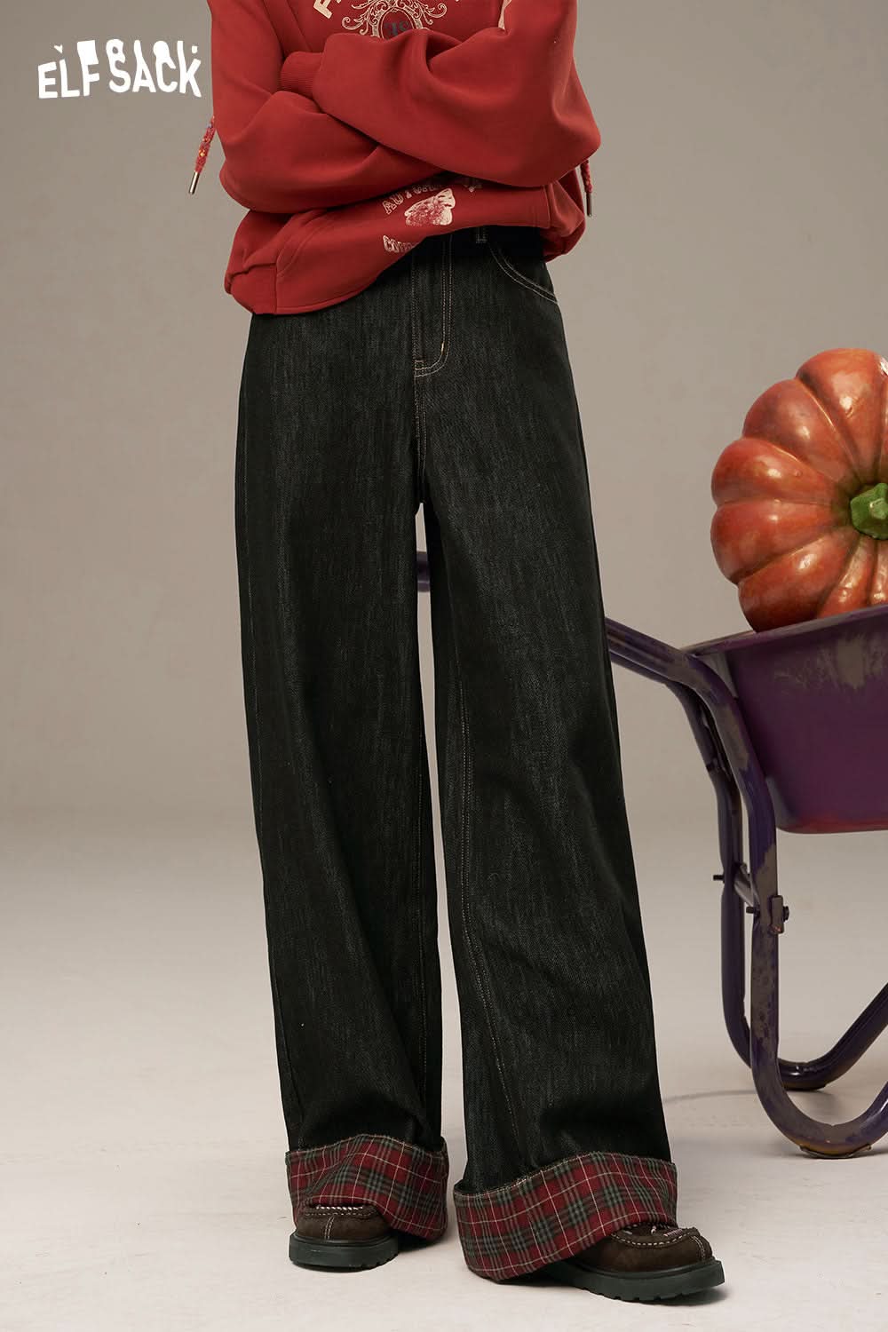 ELFSACK women's denim splicing pants with wide legs and plaid cuff detail for a trendy look