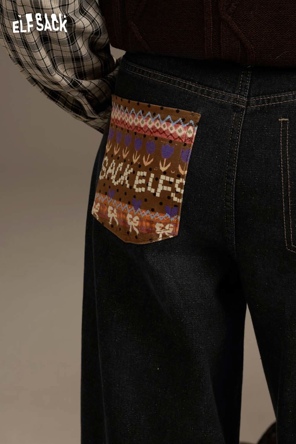 ELFSACK women's denim straight leg pants featuring a unique patterned back pocket for a stylish look
