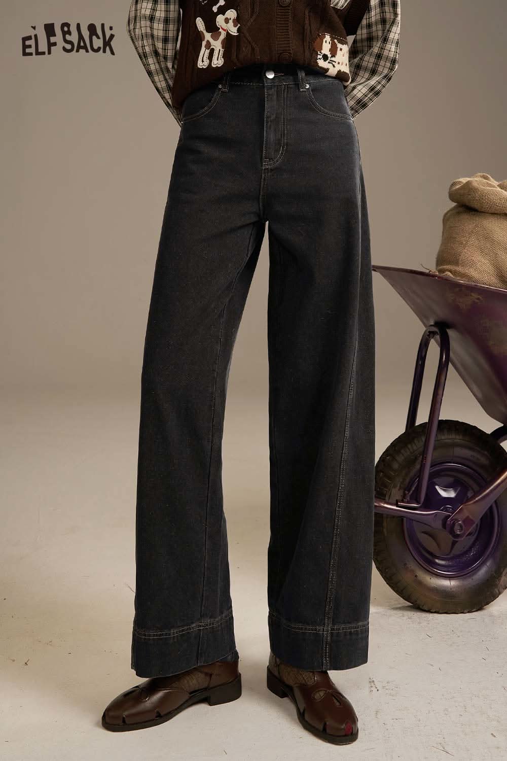 ELFSACK women's denim straight leg pants in dark wash with wide-leg design for a stylish look