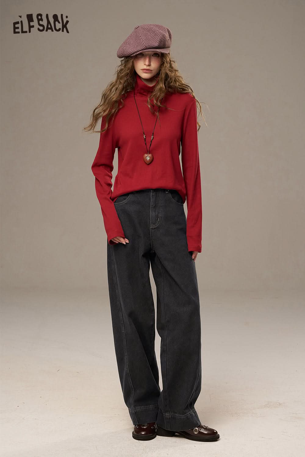 ELFSACK women's denim straight leg pants paired with a stylish red top and hat for a trendy look