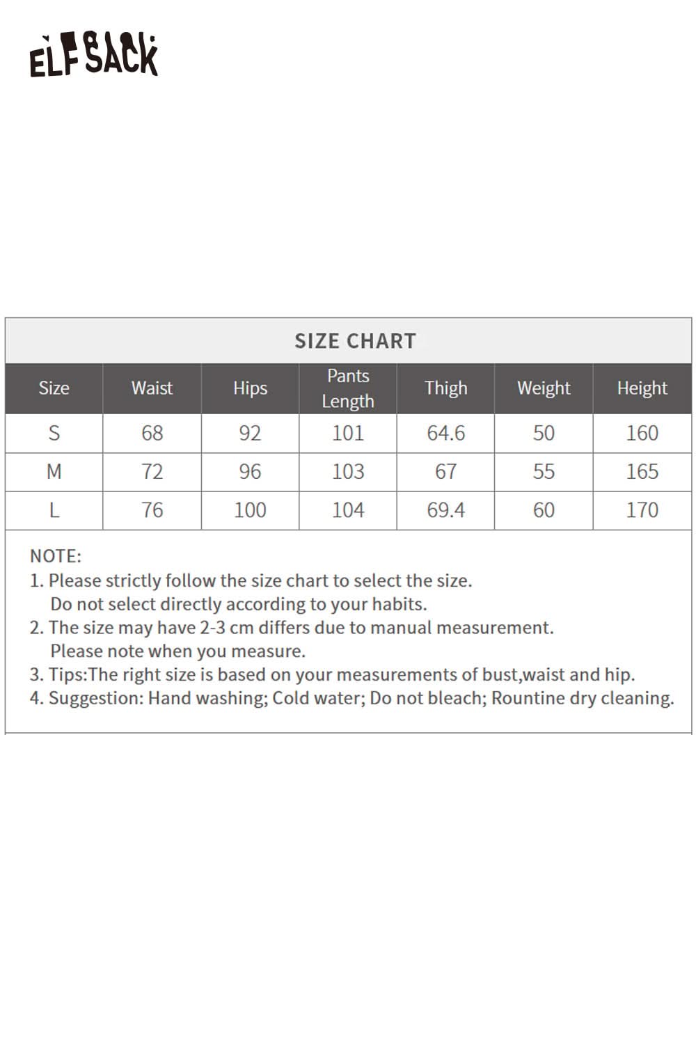 Size chart for ELFSACK women's denim straight leg pants with measurements for waist, hips, and length