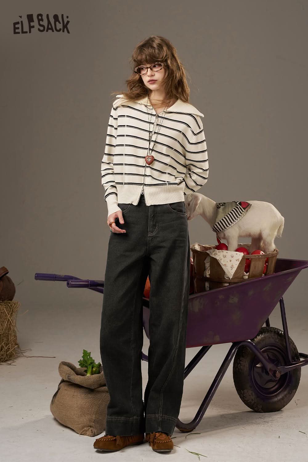 ELFSACK women's denim straight leg pants styled with a chic striped sweater for a trendy look