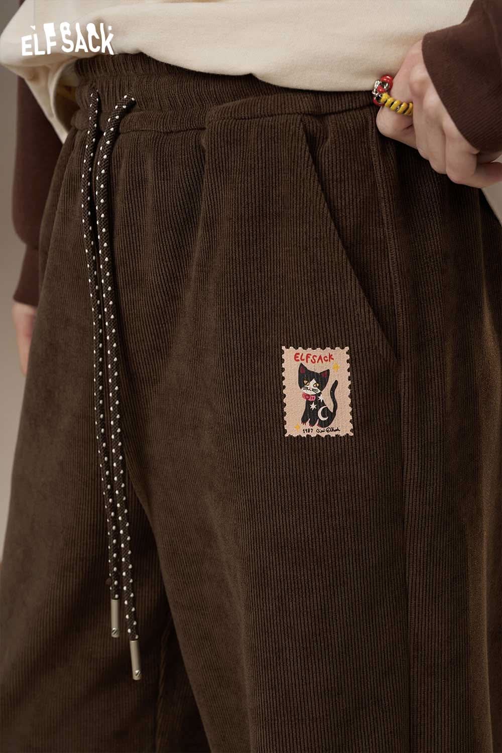 ELFSACK women's drawstring waist pants in brown with a cute cat patch and stylish cord detailing