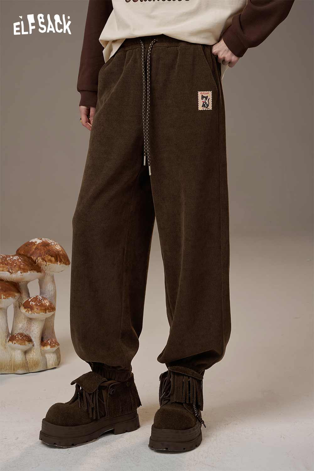 ELFSACK women's drawstring waist pants in brown with a relaxed fit and side pockets