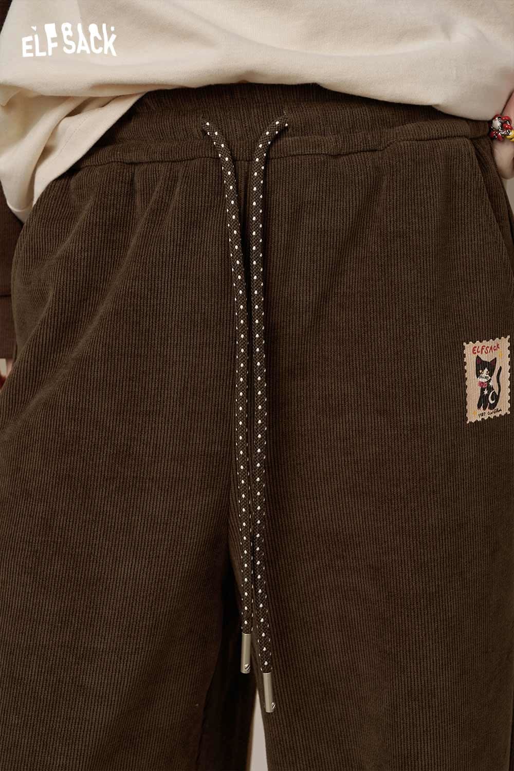 ELFSACK women's drawstring waist pants in brown corduroy with stylish embellishments
