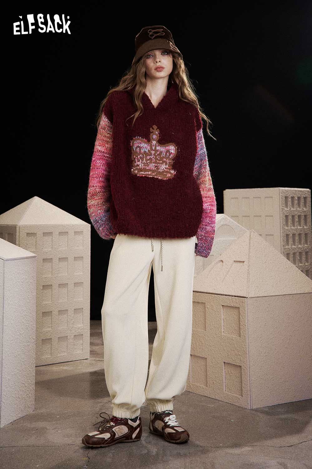 ELFSACK women's drawstring waist pants in cream paired with a cozy crown sweater and stylish accessories