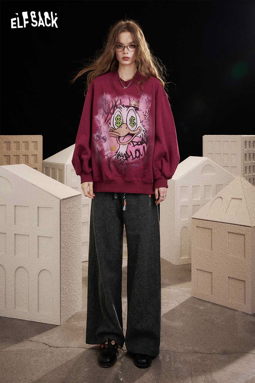 ELFSACK women's elastic drawstring pants in gray paired with a graphic sweatshirt for a fashionable look