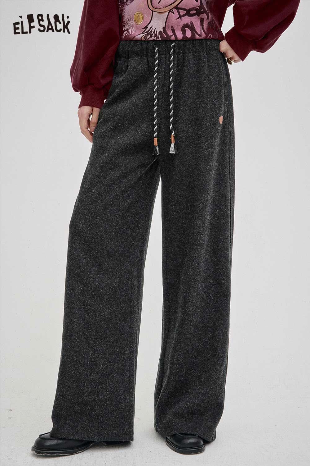 ELFSACK women's elastic drawstring pants in dark gray with a comfortable wide-leg design