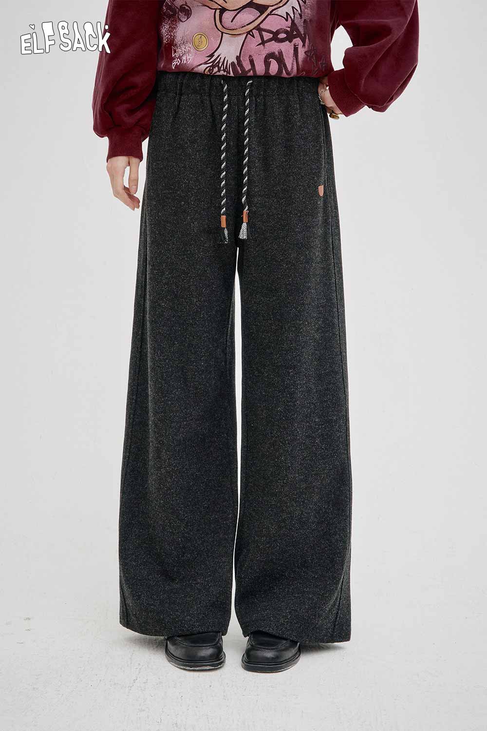 ELFSACK women's elastic drawstring pants in dark gray with a relaxed wide leg design