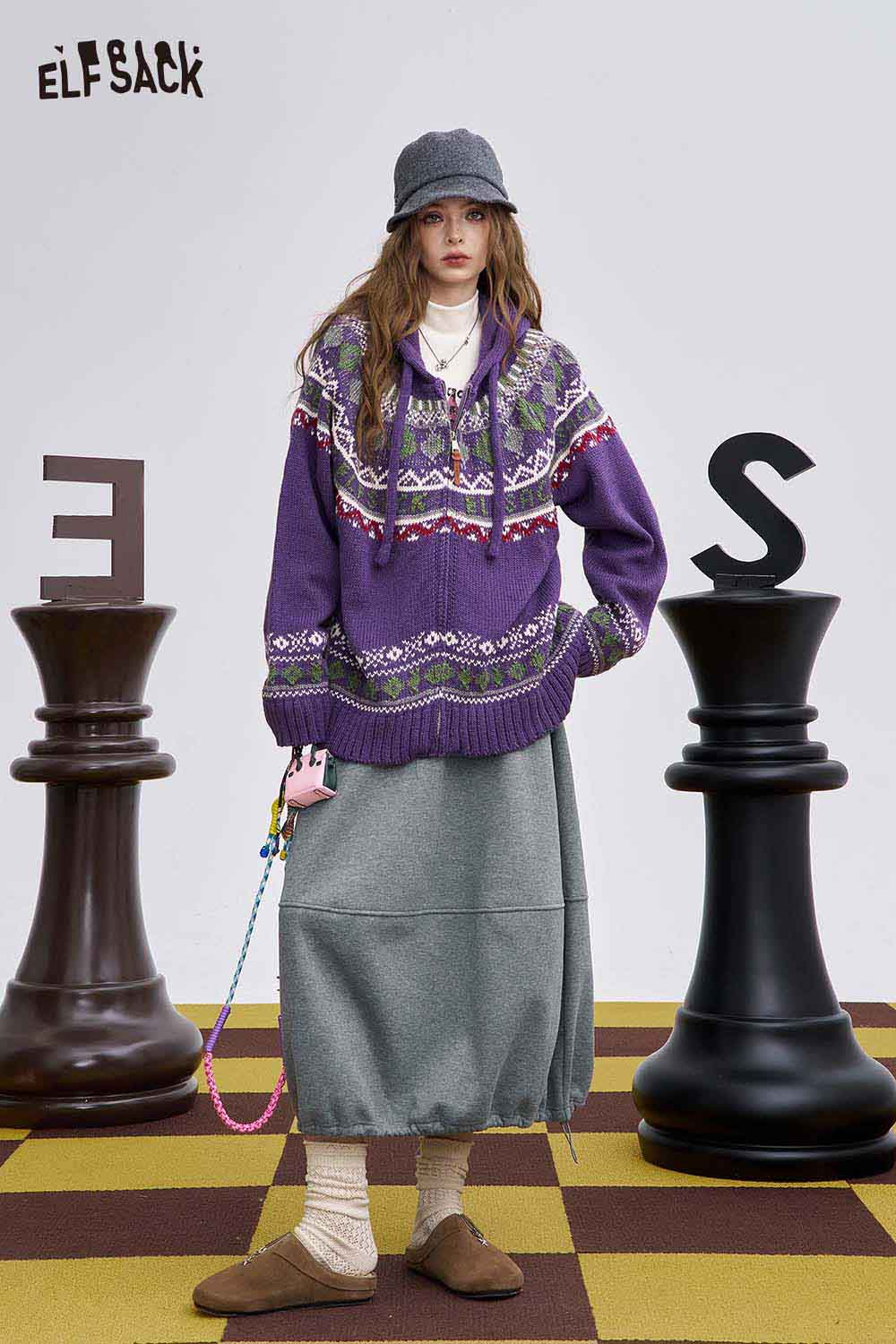 ELFSACK women's elastic drawstring skirt styled with a cozy purple sweater and casual accessories