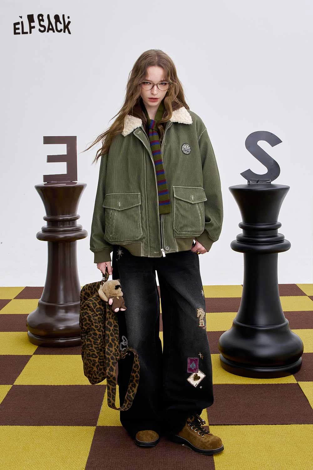 ELFSACK women's embroidered lapel cotton coat featuring a stylish design with a cozy collar