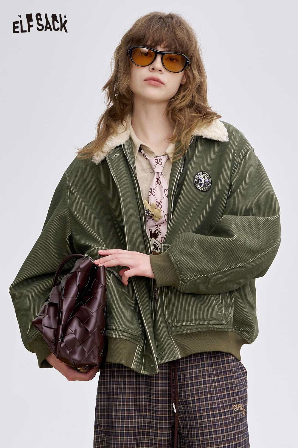 ELFSACK women's embroidered lapel cotton coat in olive green with a stylish oversized fit and cozy collar