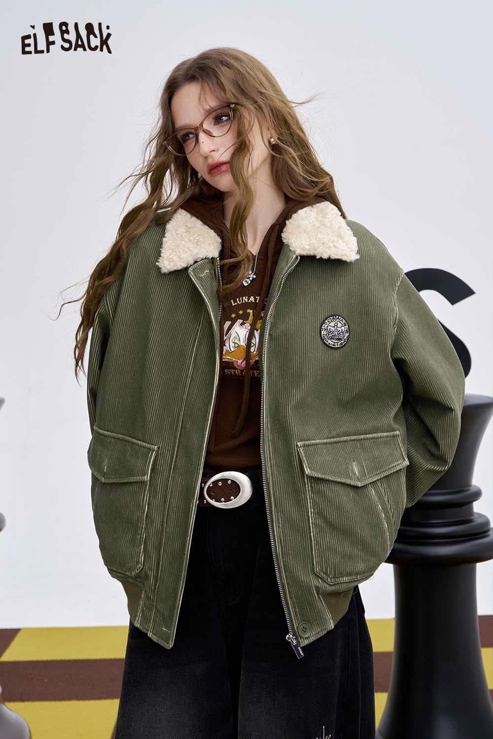 ELFSACK women's embroidered lapel cotton coat in olive green with stylish fur collar and pockets