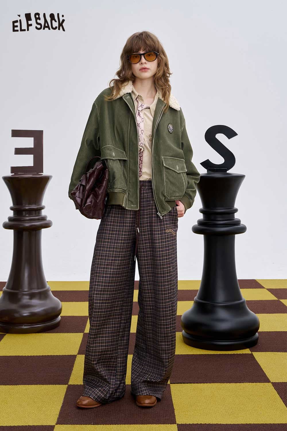 ELFSACK women's embroidered lapel cotton coat styled with plaid trousers and oversized accessories