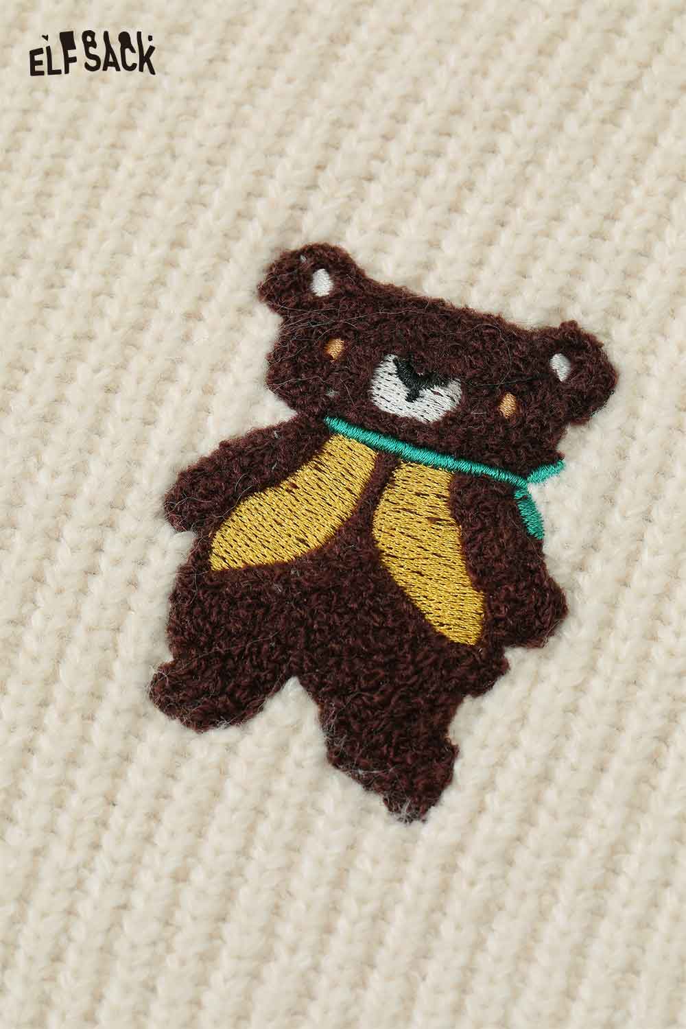 ELFSACK women's embroidered stand collar sweater featuring a cute bear design on soft knit fabric